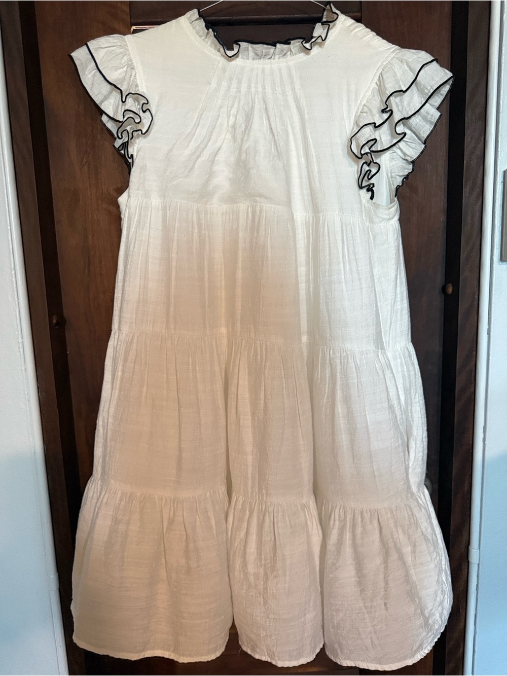 English Factory White Midi Dress with Black Trim Ruffles